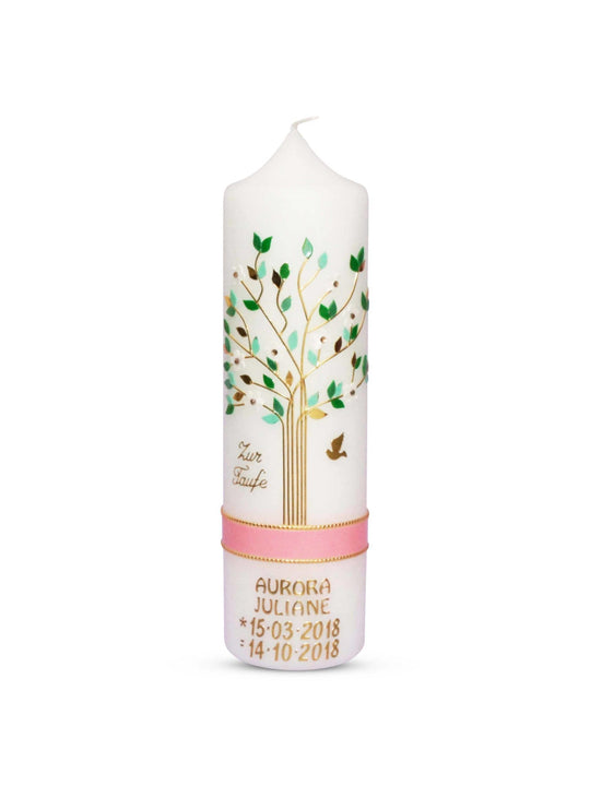 Taufkerze Mädchen mit Name und Datum Lebensbaum Rosa Grün