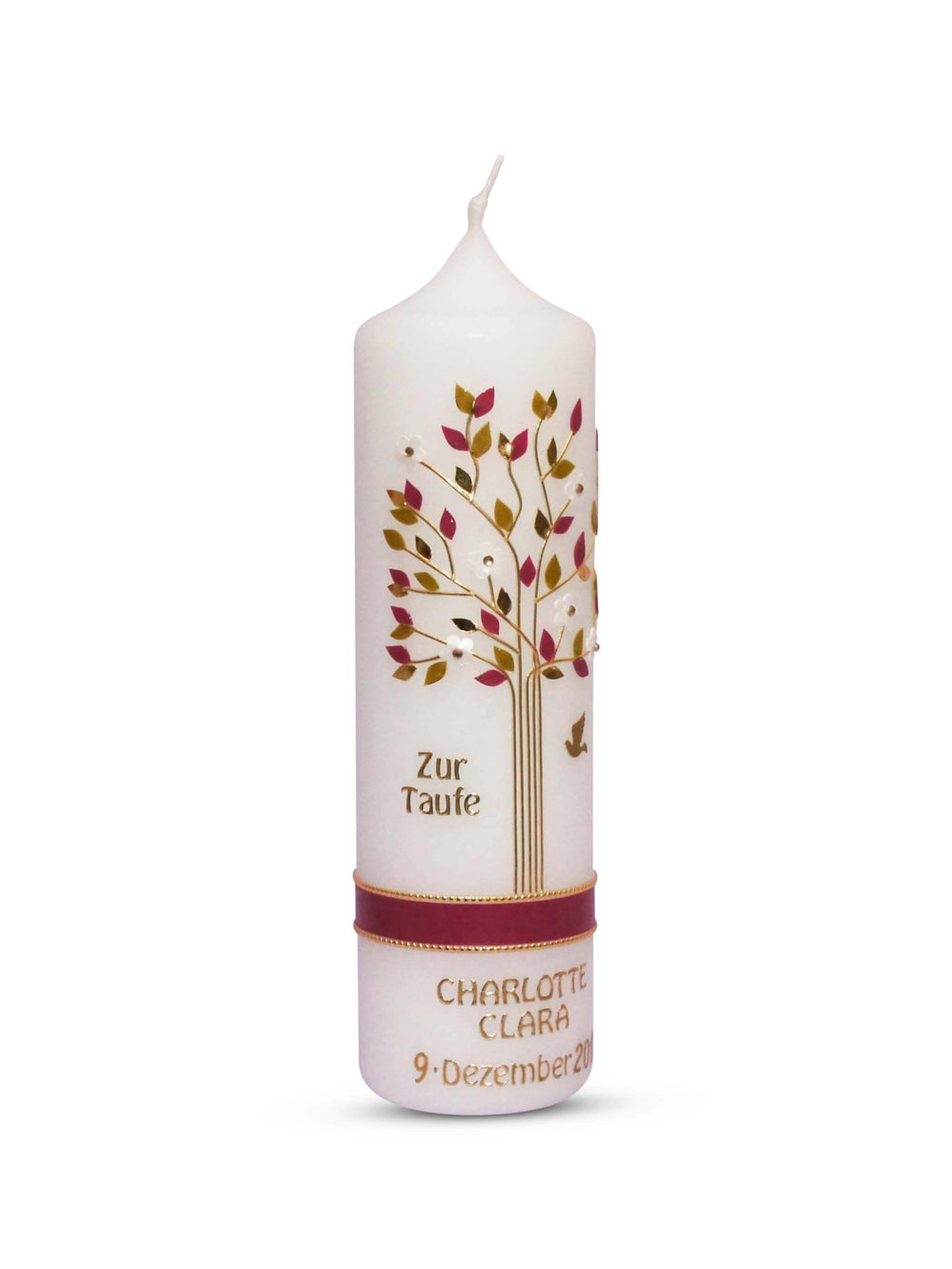 Taufkerze Mädchen Lebensbaum in Brombeere Lindgrün
