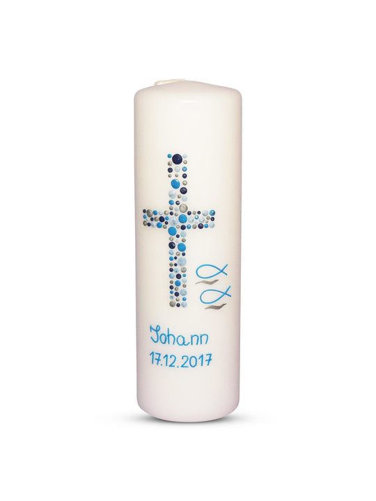 Taufkerze Junge Kreuz Kreise 24 Blau Silber