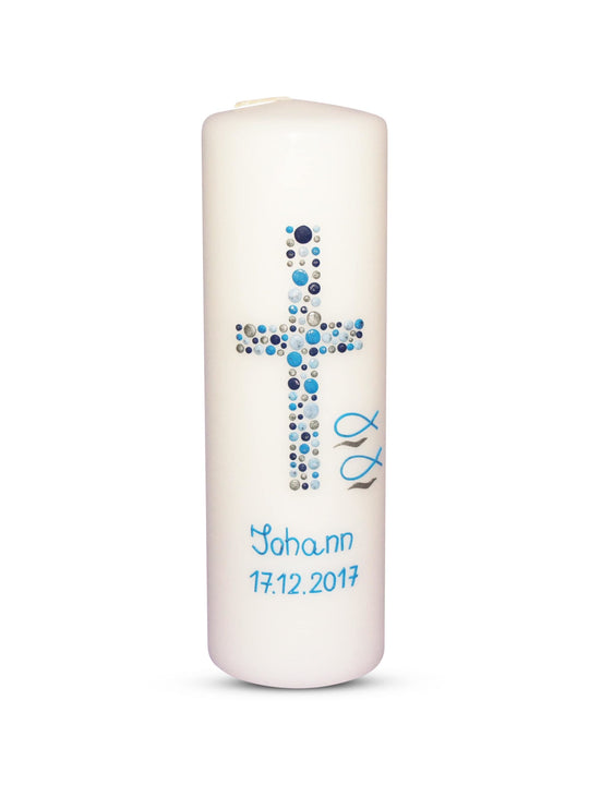 Taufkerze Junge Kreuz Kreise 24 Blau Silber