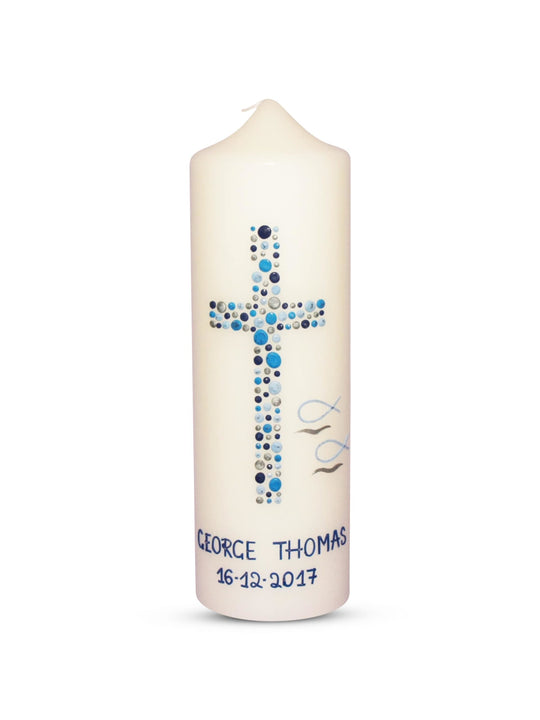 Taufkerze Junge Kreuz Kreise 26 Blau Silber