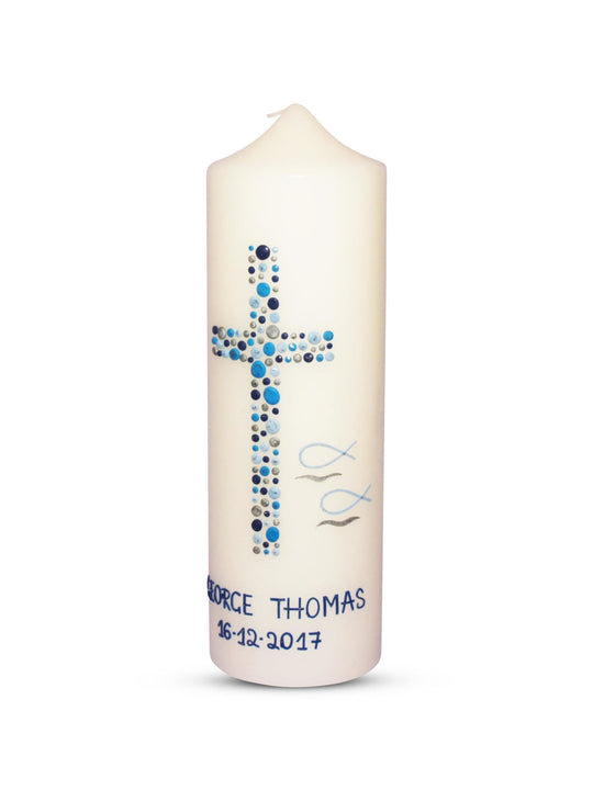 Taufkerze Junge Kreuz Kreise 26 Blau Silber