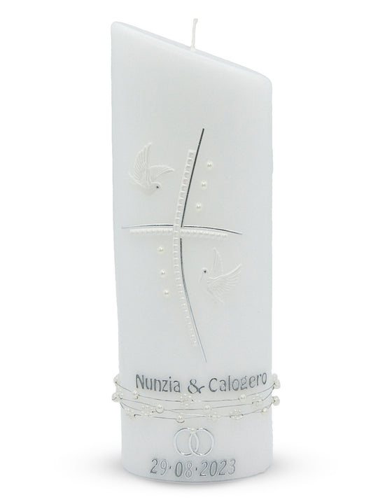 Hochzeitskerze Taufkerze Ellipse mit Kreuz Taube