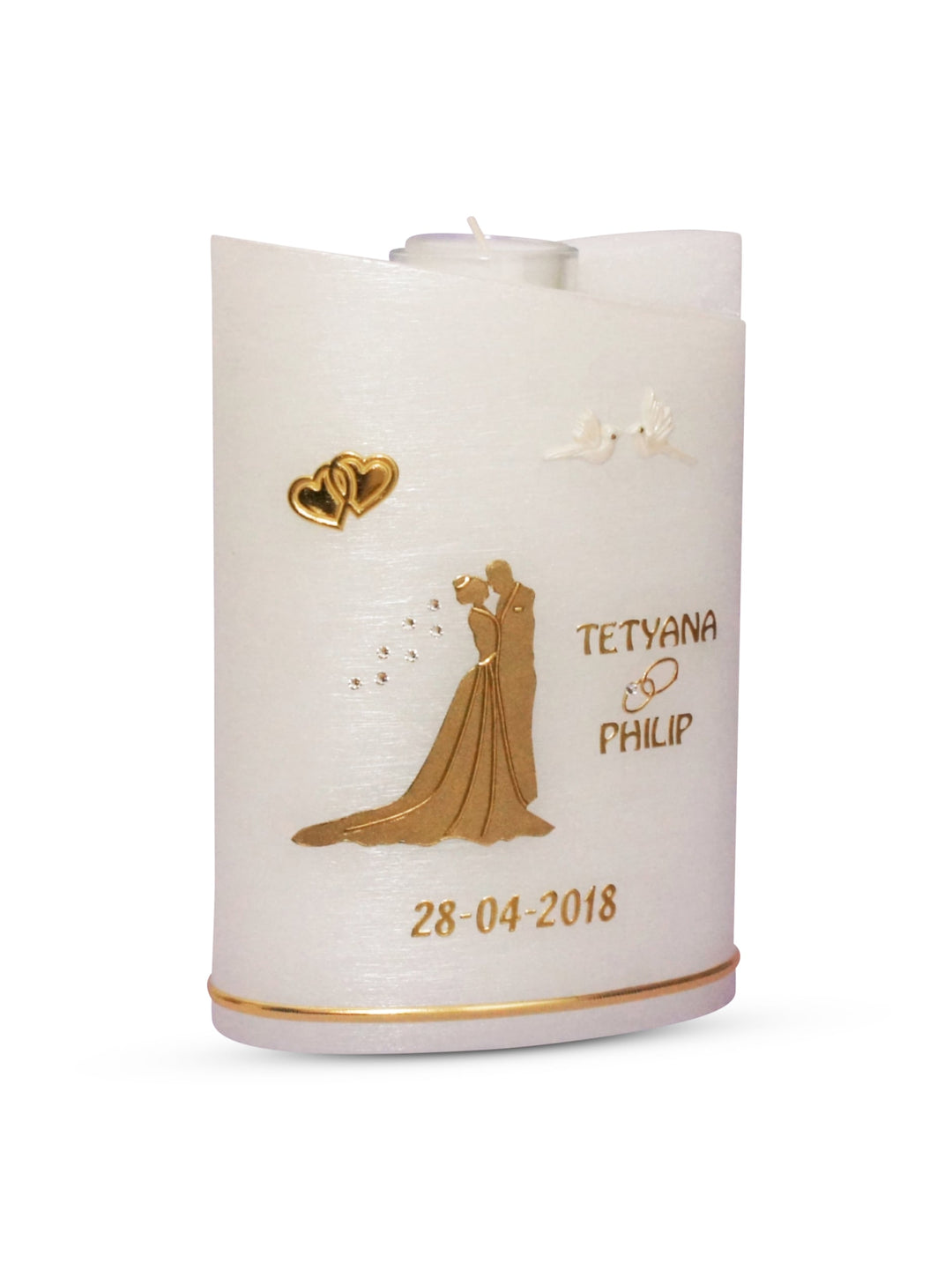 Hochzeitskerze Brautpaar in Gold auf einer Perlmutt Kerze