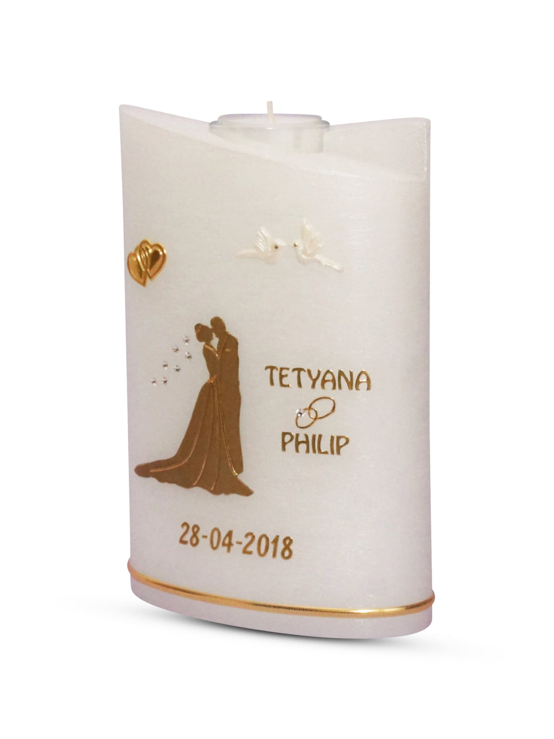 Hochzeitskerze Brautpaar in Gold auf einer Perlmutt Kerze