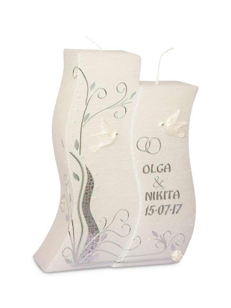 Personalisierte Hochzeitskerze Perlmutt mit Namen und Datum in Silber, handgefertigte Doppelwellenkerze, Hochzeitskerze einzigartig
