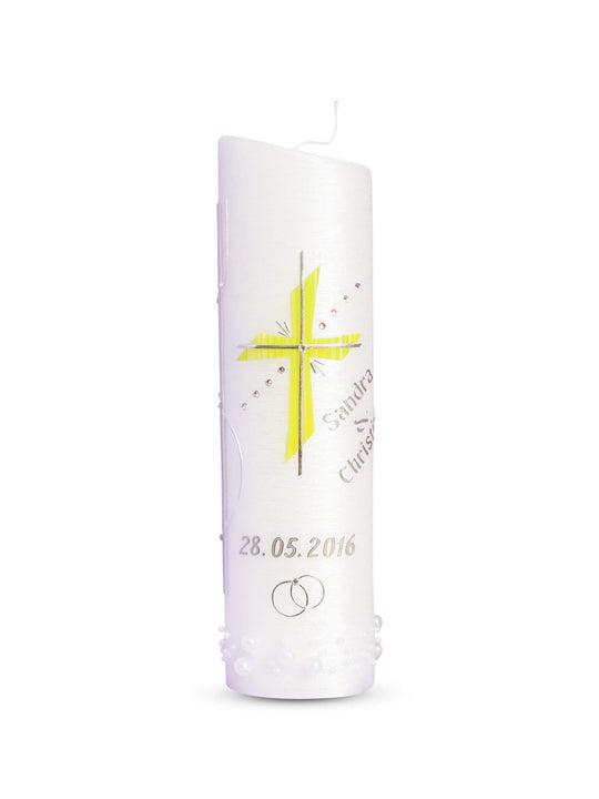 Hochzeitskerze Brautkerze mit Kreuz in Grün Silber