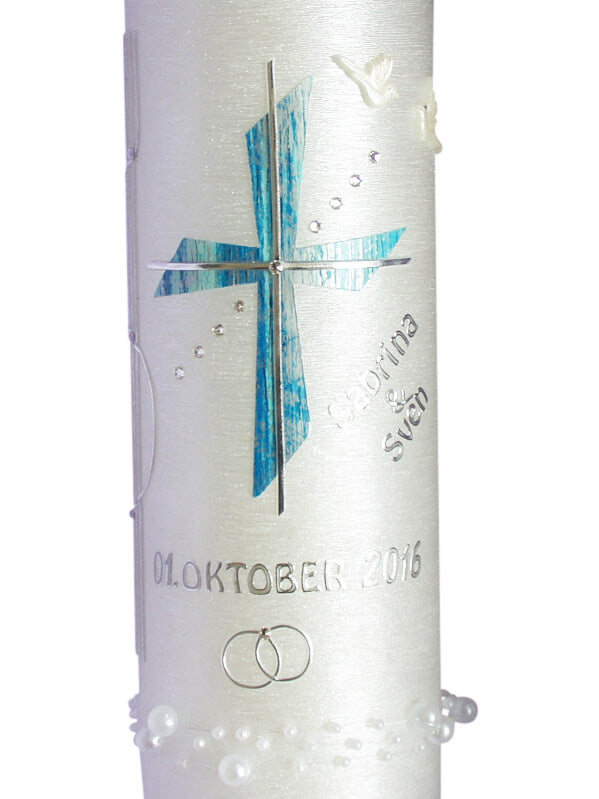 Hochzeitskerze Kreuz mit Teelicht Perlmutt