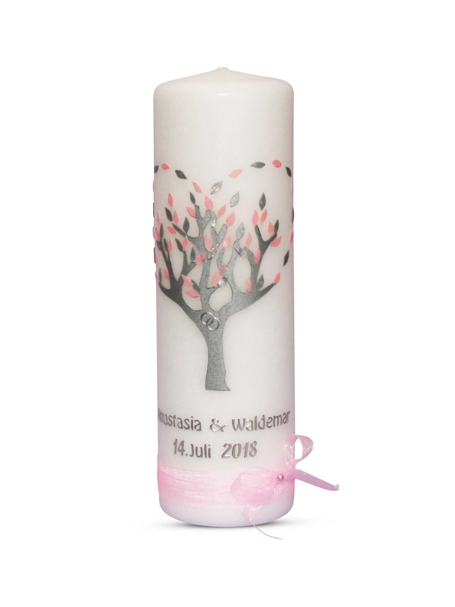 Hochzeitskerze Baum Herz Lebensbaum silber rosa mit personalisierter Beschriftung und rosa Schleife