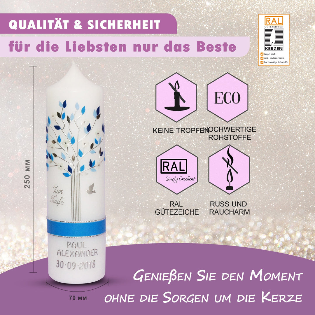 Taufkerze Junge Lebensbaum  in Blau modern und individuell