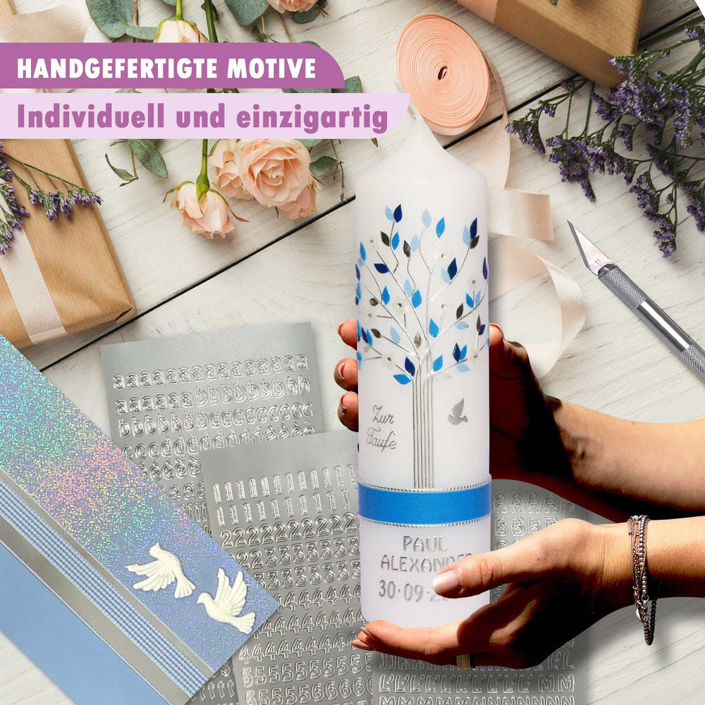 Taufkerze Junge Lebensbaum in blau - Modern & Individuell