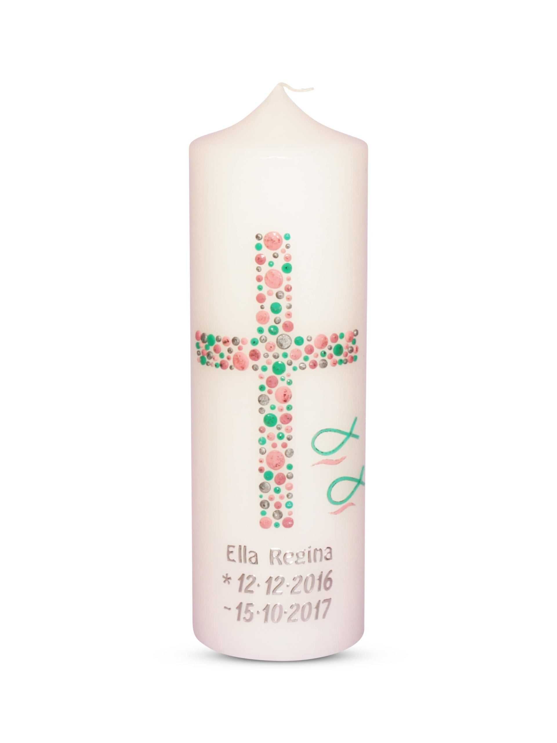 Taufkerze Mädchen Kreuz Kreise 23 Silber Mint Rosa € Taufkerze WKTH036 WikaKerzen