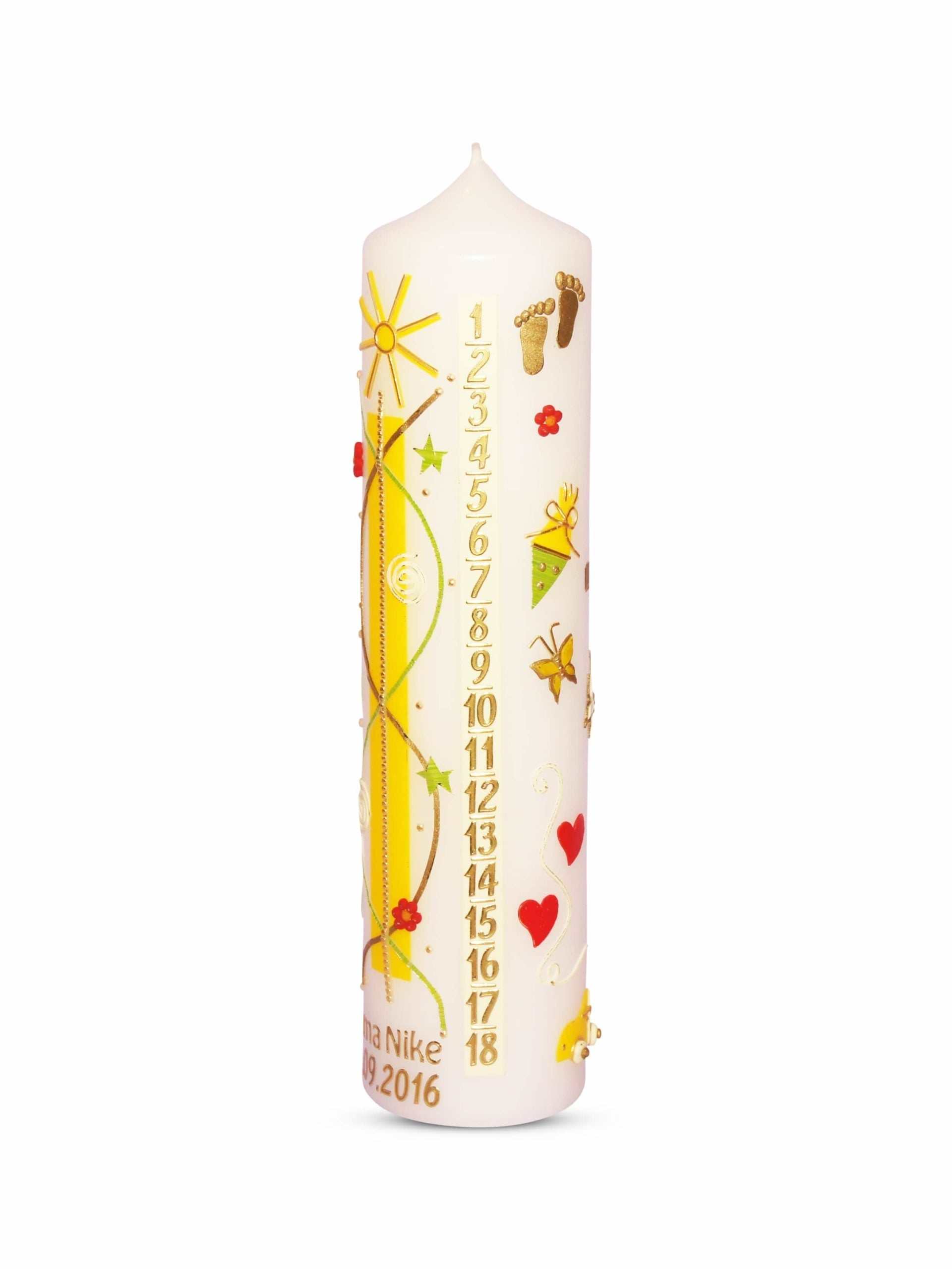 Lebenslicht Geburtskerze Nr. 1G personalized birthday candle with name and date, decorated with colorful symbols and motifs.