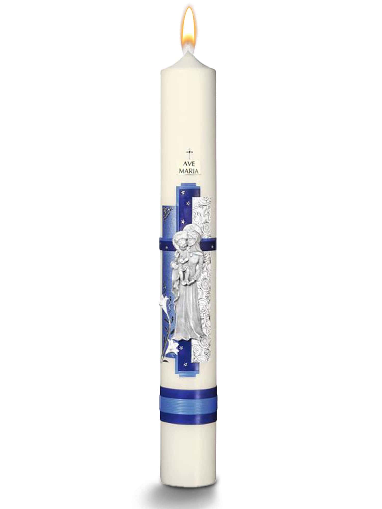 Marienkerzen: Traditionelle Symbole und hochwertige Verarbeitung für Andachten € Marienkerzen Maria-Blau WikaKerzen