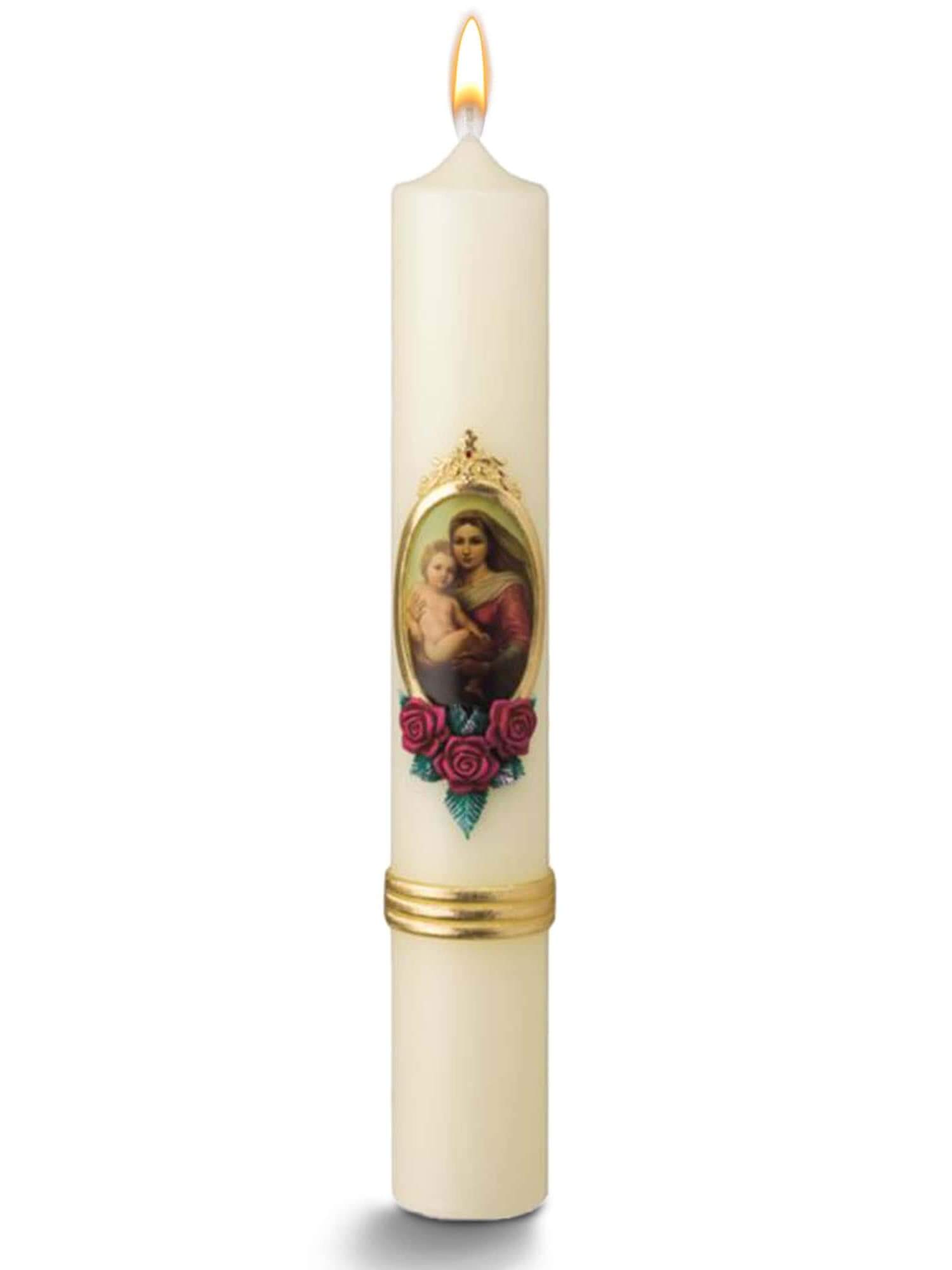 Rosen-Motiv Marienkerze mit Jesuskind – Perfekt für spirituelle und besinnliche Momente € Marienkerzen Jesuskind-Rosen WikaKerzen