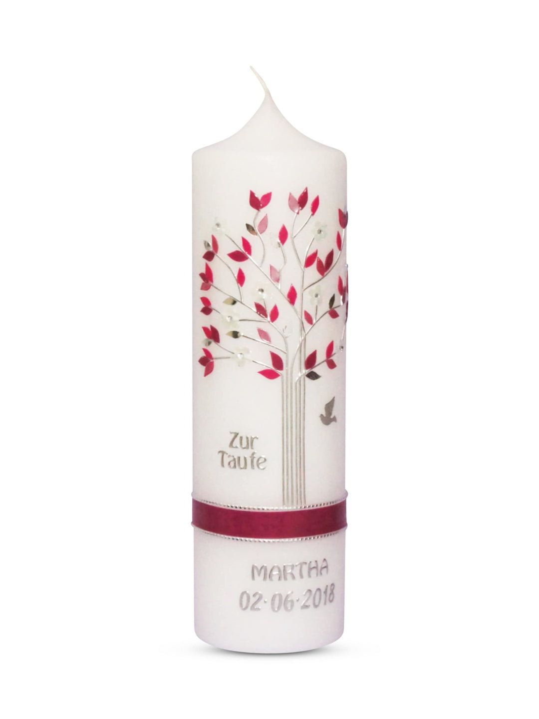 Taufkerze Lebensbaum 6, für Mädchen Bordeaux Silber