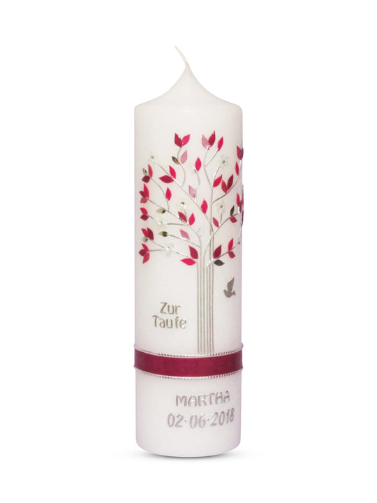 Taufkerze Lebensbaum 6, für Mädchen Bordeaux Silber