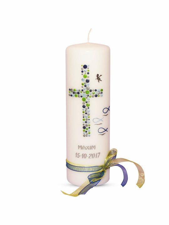 Taufkerze Junge Kreuz Kreise 20 Blau Silber Grün
