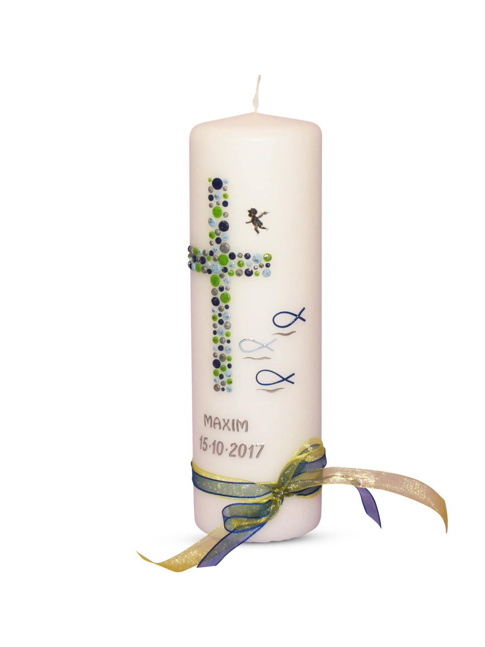 Taufkerze Junge Kreuz Kreise 20 Blau Silber Grün