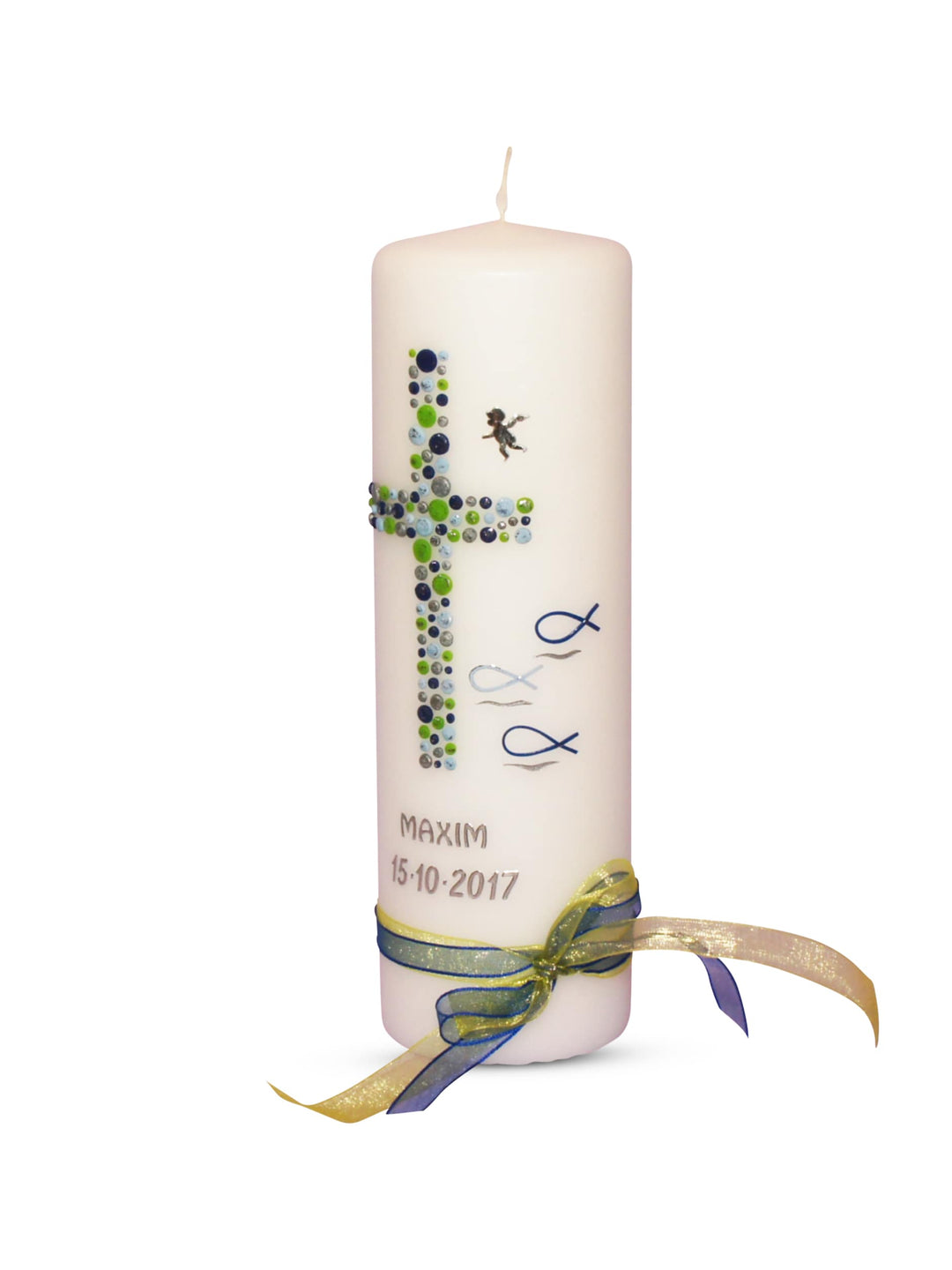 Taufkerze Junge Kreuz Kreise 20 Blau Silber Grün