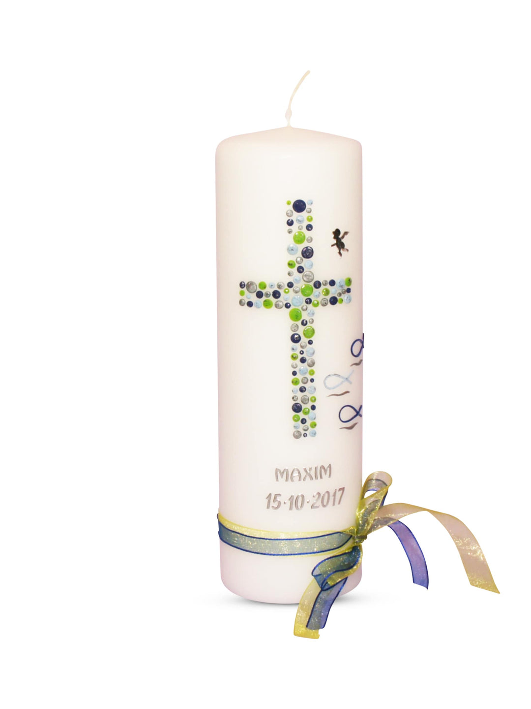 Taufkerze Junge Kreuz Kreise 20 Blau Silber Grün