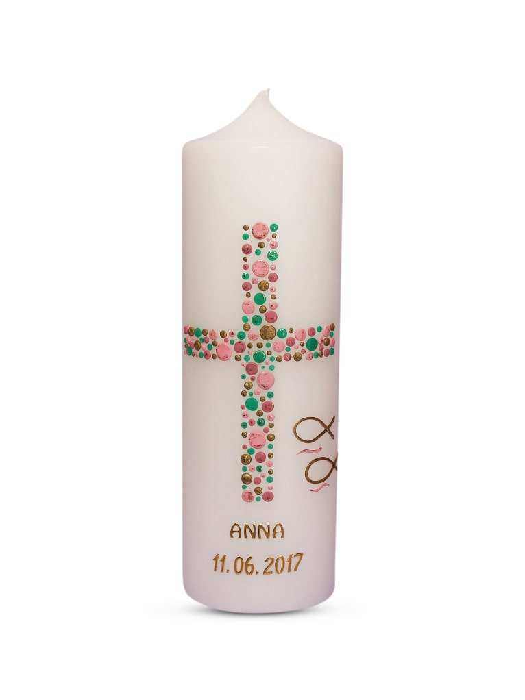 Taufkerze Mädchen Kreuz Kreise 8 Gold Mint Rosa € Taufkerze WKTH008 WikaKerzen