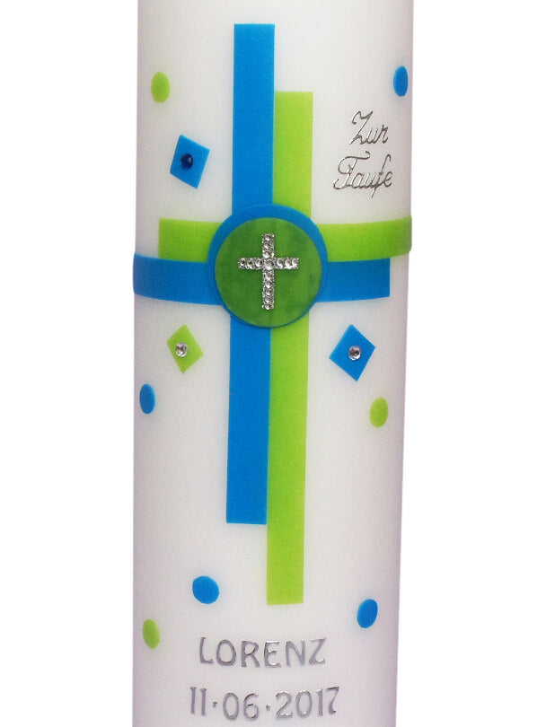 Taufkerze Mädchen Junge Kreuz Grün Blau