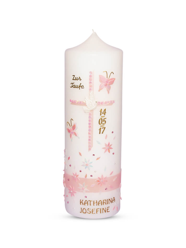 Taufkerze Mädchen Rosa Blumen mit Taube 3"