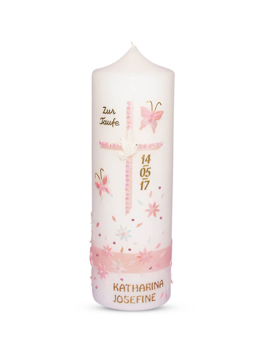 Taufkerze Mädchen Rosa Blumen mit Taube 3"