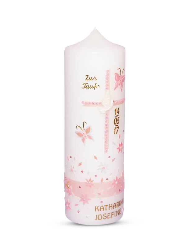 Taufkerze Mädchen Rosa Blumen mit Taube 3"