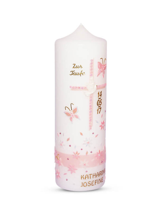 Taufkerze Mädchen Rosa Blumen mit Taube 3"