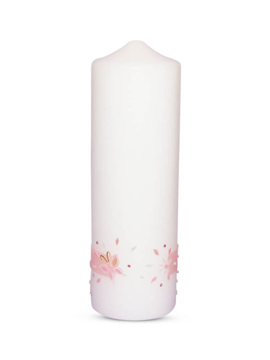 Taufkerze Mädchen Rosa Blumen mit Taube 3"