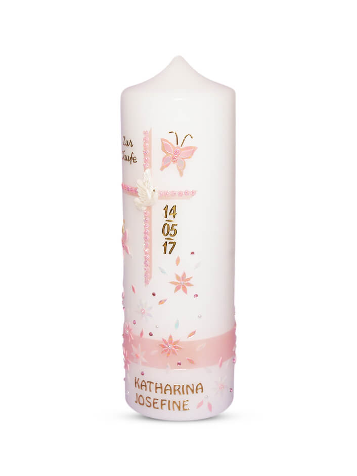 Taufkerze Mädchen Rosa Blumen mit Taube 3"