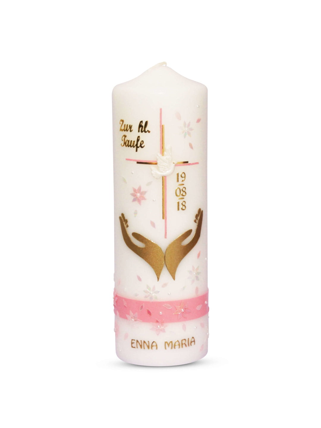 Taufkerze Mädchen in Rosa Gold mit Kreuz Emma