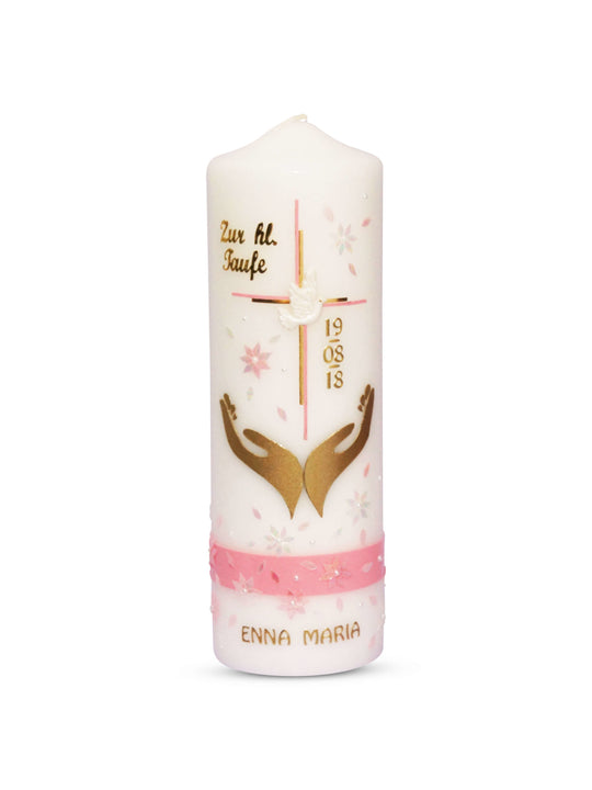 Taufkerze Mädchen in Rosa Gold mit Kreuz Emma