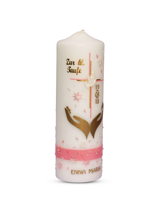 Taufkerze Mädchen in Rosa Gold mit Kreuz Emma