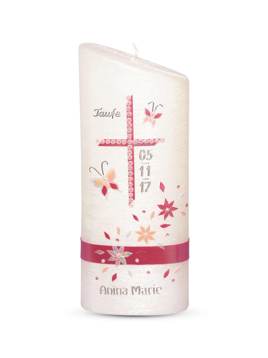 Taufkerze Mädchen Rosa Blumen 5 Ellipse Perlmutt € Taufkerze WKTH094 WikaKerzen