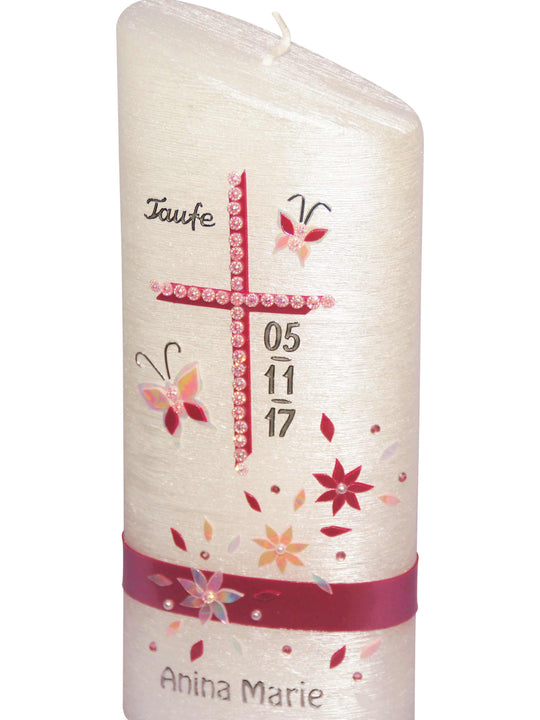 Taufkerze Mädchen Rosa Blumen 5 Ellipse Perlmutt € Taufkerze WKTH094 WikaKerzen