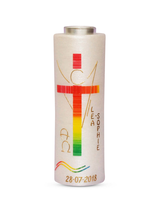Taufkerze Engel Regenbogen auf perlmutt Kerze mit Teelicht