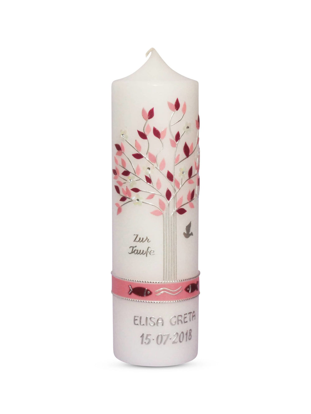 Taufkerze Lebensbaum Mädchen Rosa mit Taube und Fischen