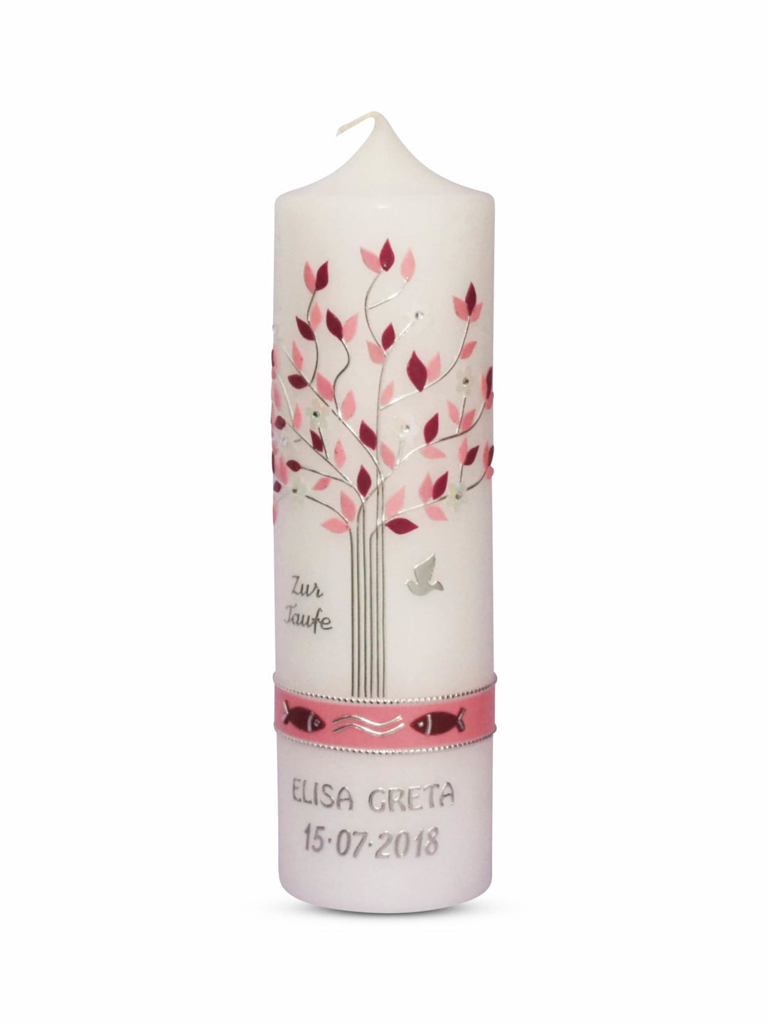 Taufkerze Lebensbaum Mädchen Rosa mit Taube und Fischen