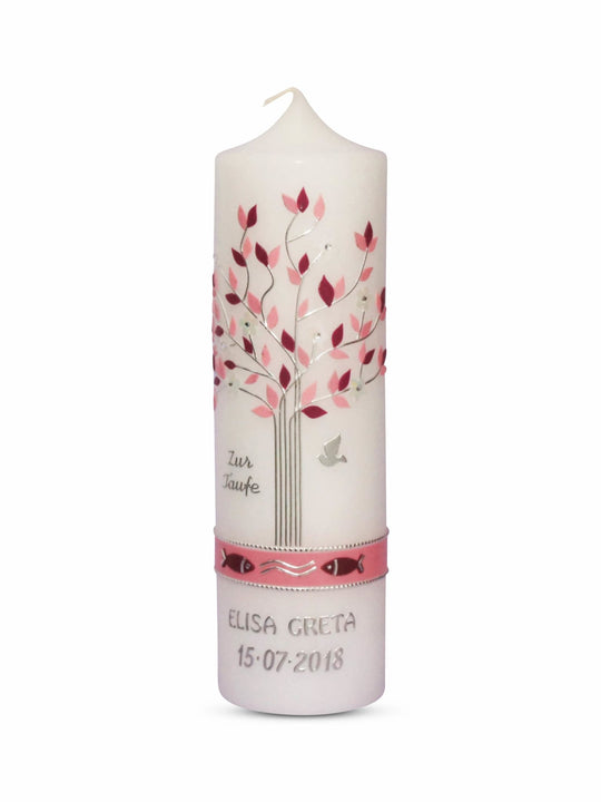 Taufkerze Lebensbaum Mädchen Rosa mit Taube und Fischen