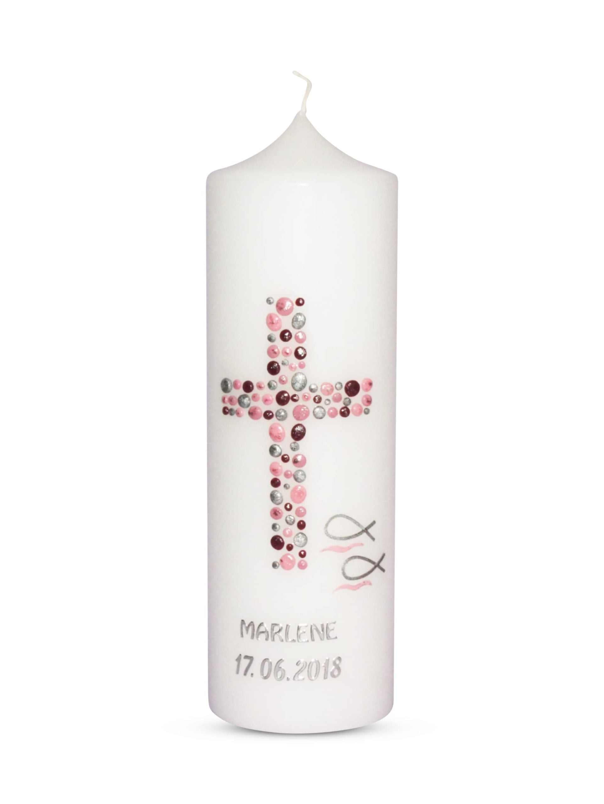 Taufkerze Mädchen mit Kreuz und Fischen in Rosa Silber Bordeaux € Taufkerze WKTH124 WikaKerzen