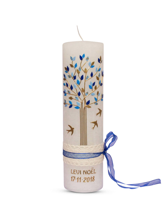 Taufkerze Vintage Lebensbaum in Blau auf Weißen Rustik Kerze
