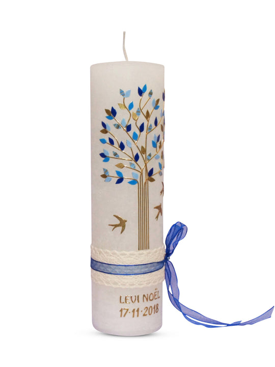 Taufkerze Vintage Lebensbaum in Blau auf Weißen Rustik Kerze