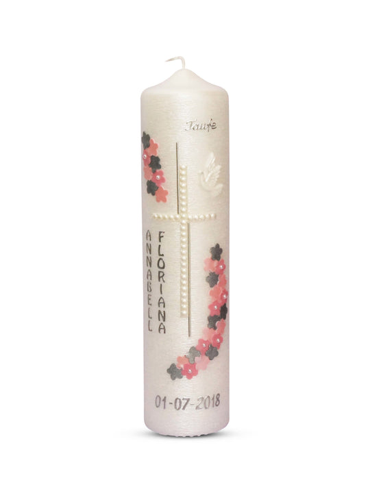 Taufkerze Modern Kreuz Blumen in Rosa Silber für Mädchen