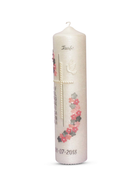 Taufkerze Modern Kreuz Blumen in Rosa Silber für Mädchen
