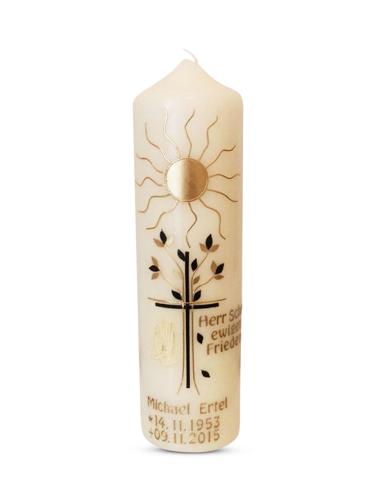 Trauerkerze und Gedenkkerze mit Sonne Baum und und Kreuz 3