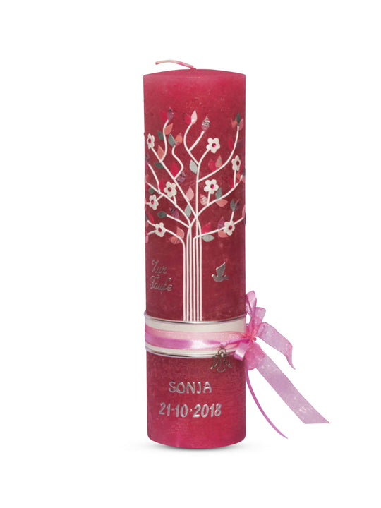 Taufkerze Vintage Lebensbaum Mädchen auf Rustik Kerze Pink