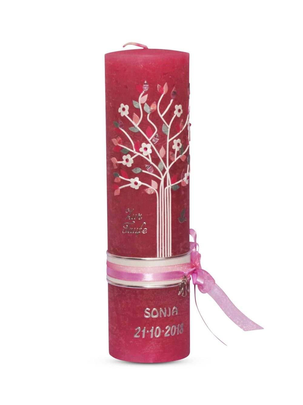 Taufkerze Vintage Lebensbaum Mädchen auf Rustik Kerze Pink